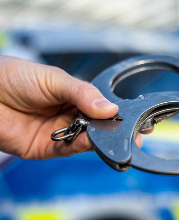 Handschellen vor Polizeiwagen - Symbolbild
