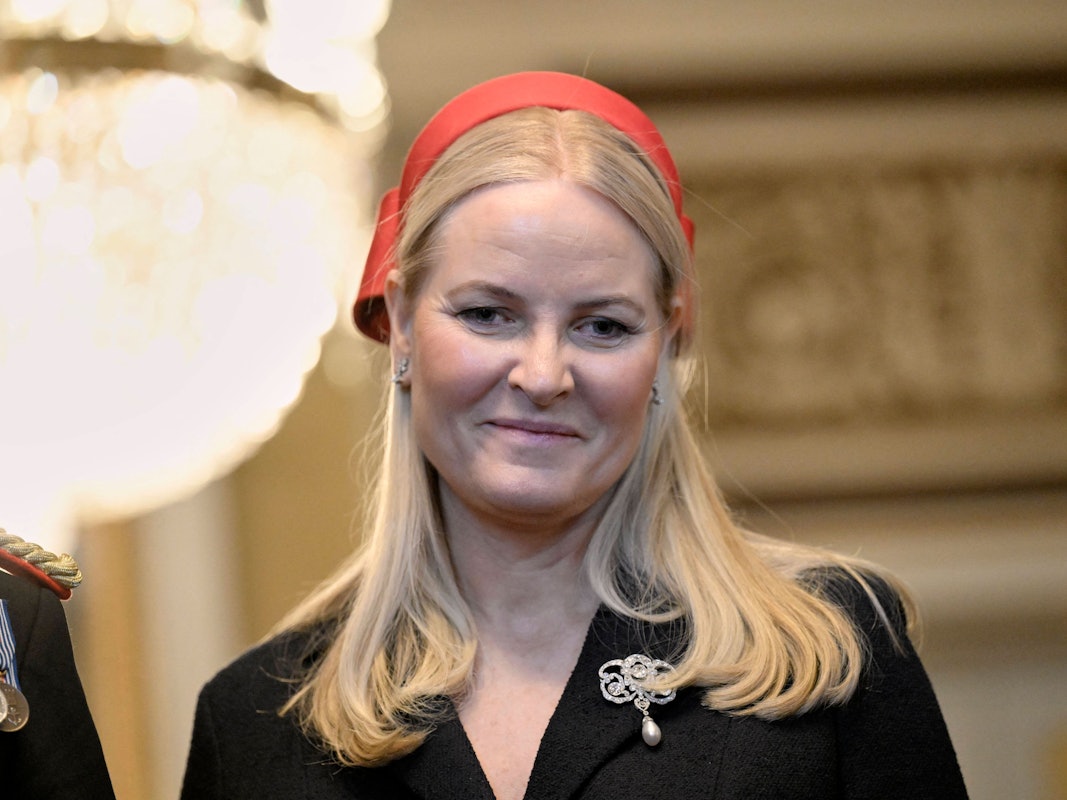 Kronprinzessin Mette-Marit beim offiziellen Empfang im Königspalast in Oslo mit König Philippe und Königin Mathilde von Belgien.