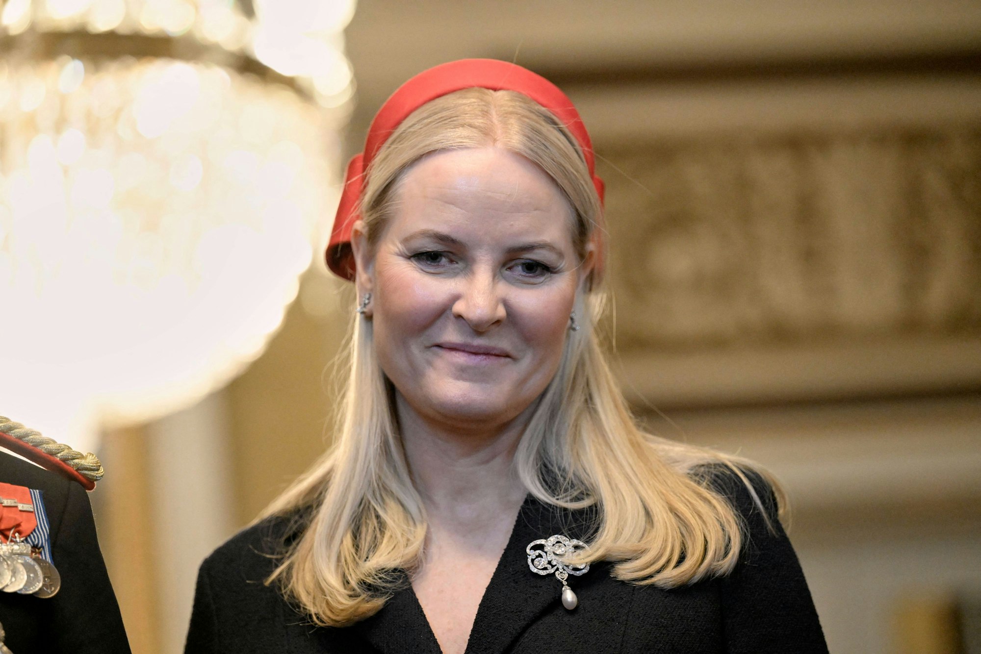 Kronprinzessin Mette-Marit beim offiziellen Empfang im Königspalast in Oslo mit König Philippe und Königin Mathilde von Belgien.
