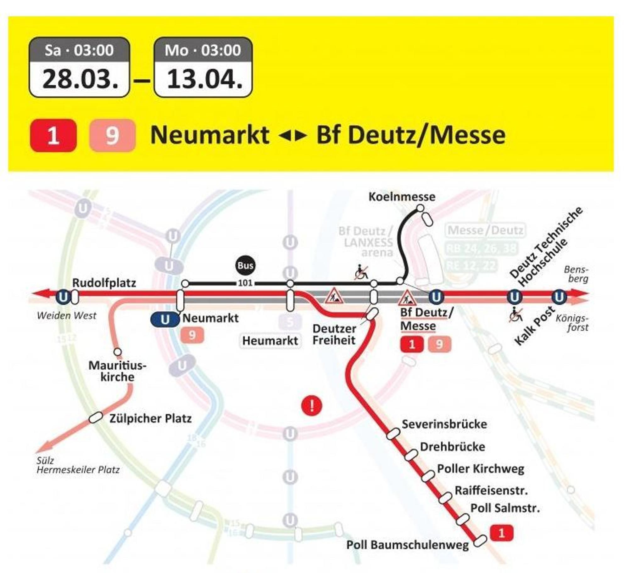 Die KVB-Baustelle betrifft die Linien 1 und 9.