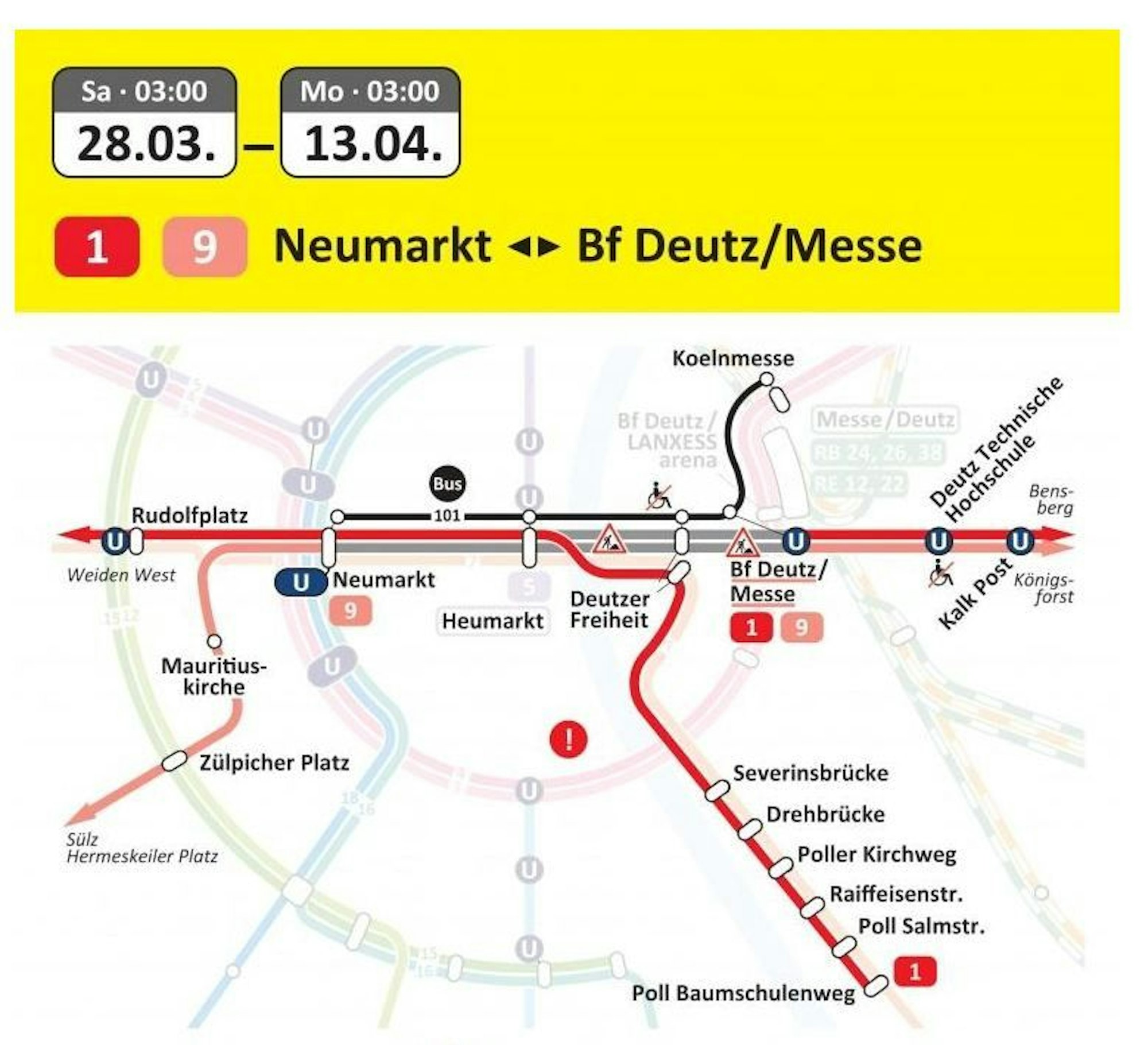 Die KVB-Baustelle betrifft die Linien 1 und 9.