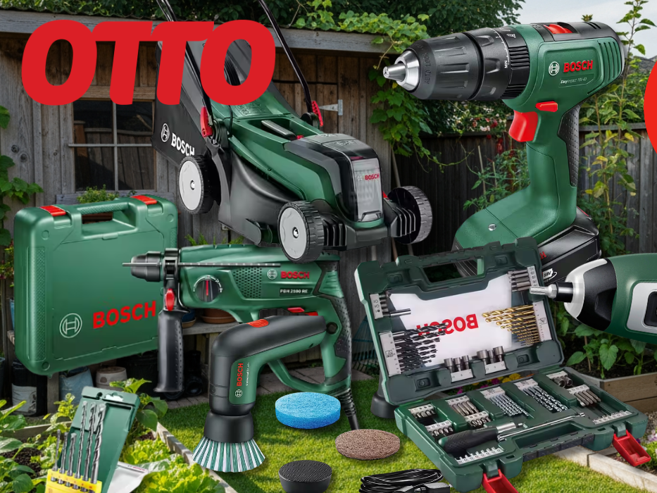 Verschiedene Bosch Home & Garden Produkte wie ein Rasenmäher, ein Bohrer, eine Bürst und mehr vor einem Garten Hintergrund.