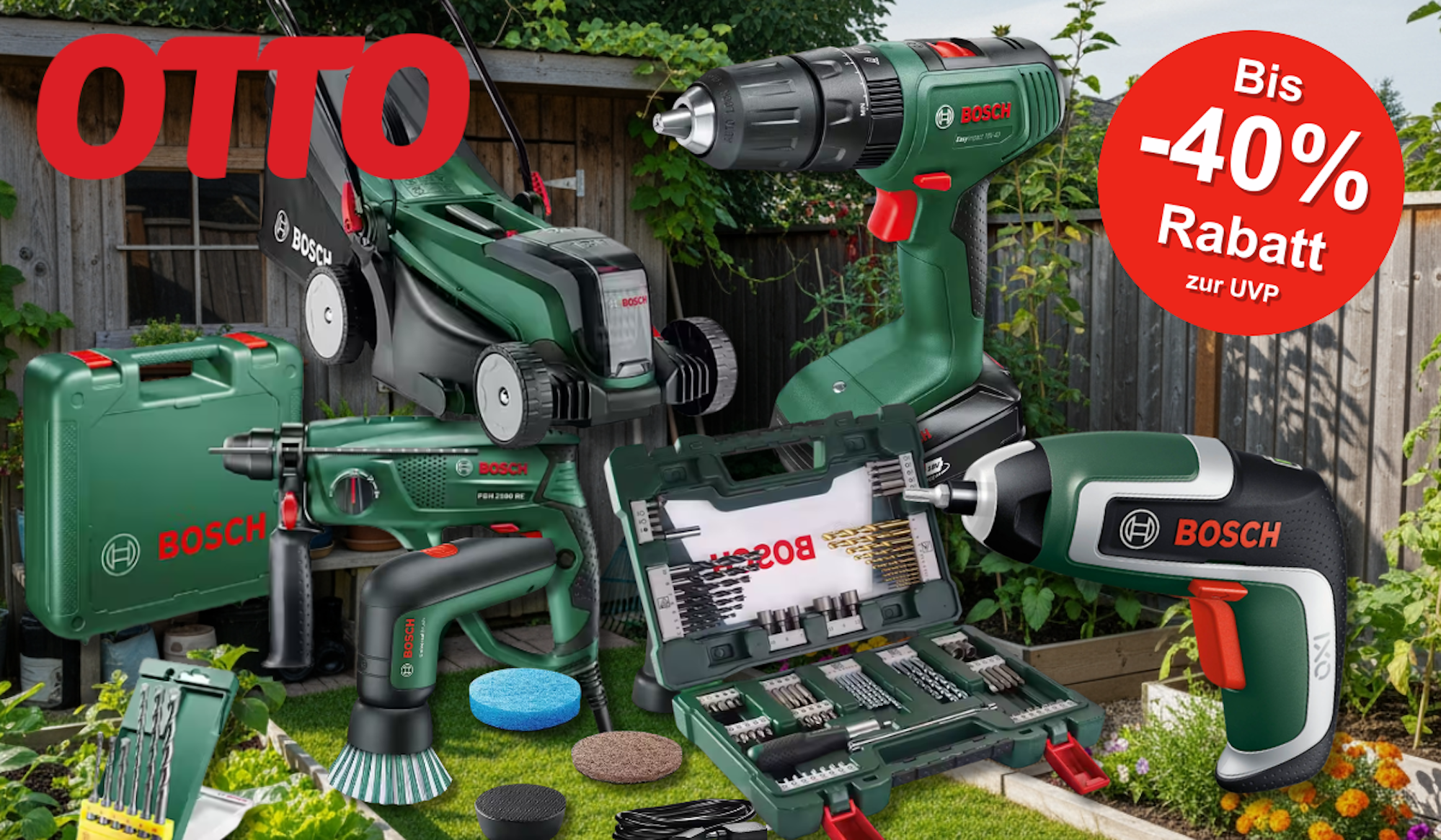 Verschiedene Bosch Home & Garden Produkte wie ein Rasenmäher, ein Bohrer, eine Bürst und mehr vor einem Garten Hintergrund.