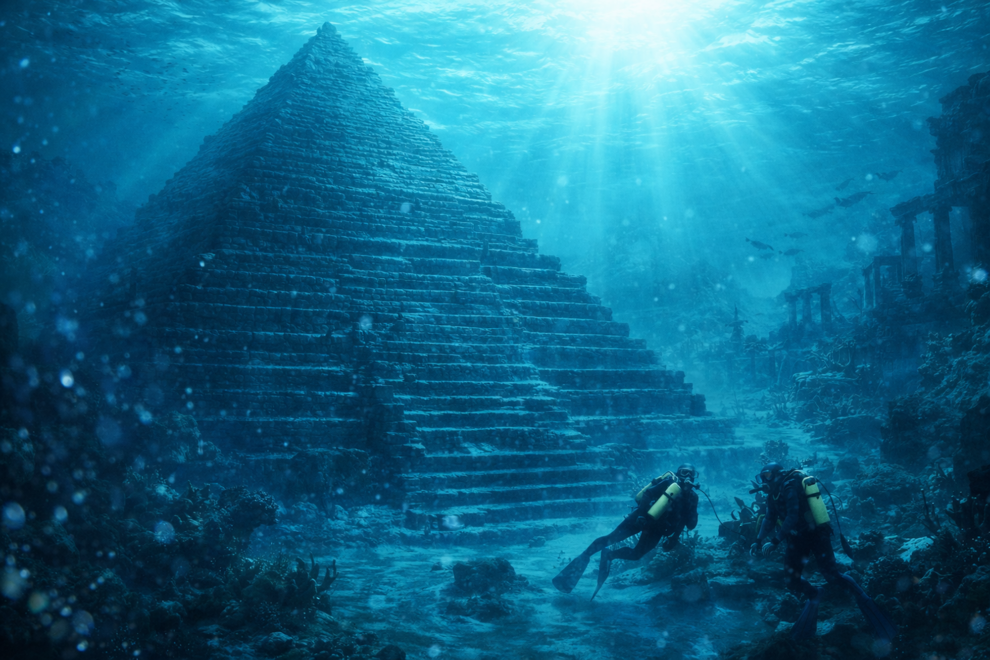Ein Pyramide im Meer mit Tauchern.