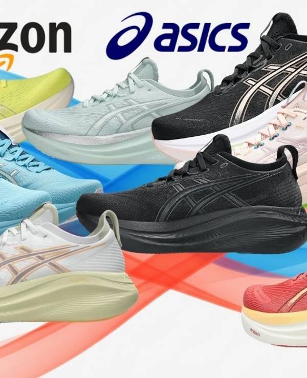 Mehrere Asics Gel-Nimbus Laufschuhe in verschiedenen Farben (schwarz, weiß, blau, rot, gelb, mint) nebeneinander auf hellem Hintergrund, dazu Amazon- und Asics-Logo sowie ein roter Button mit der Aufschrift „Bis -25% Rabatt zur UVP".