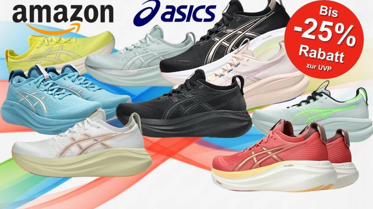 Mehrere Asics Gel-Nimbus Laufschuhe in verschiedenen Farben (schwarz, weiß, blau, rot, gelb, mint) nebeneinander auf hellem Hintergrund, dazu Amazon- und Asics-Logo sowie ein roter Button mit der Aufschrift „Bis -25% Rabatt zur UVP".