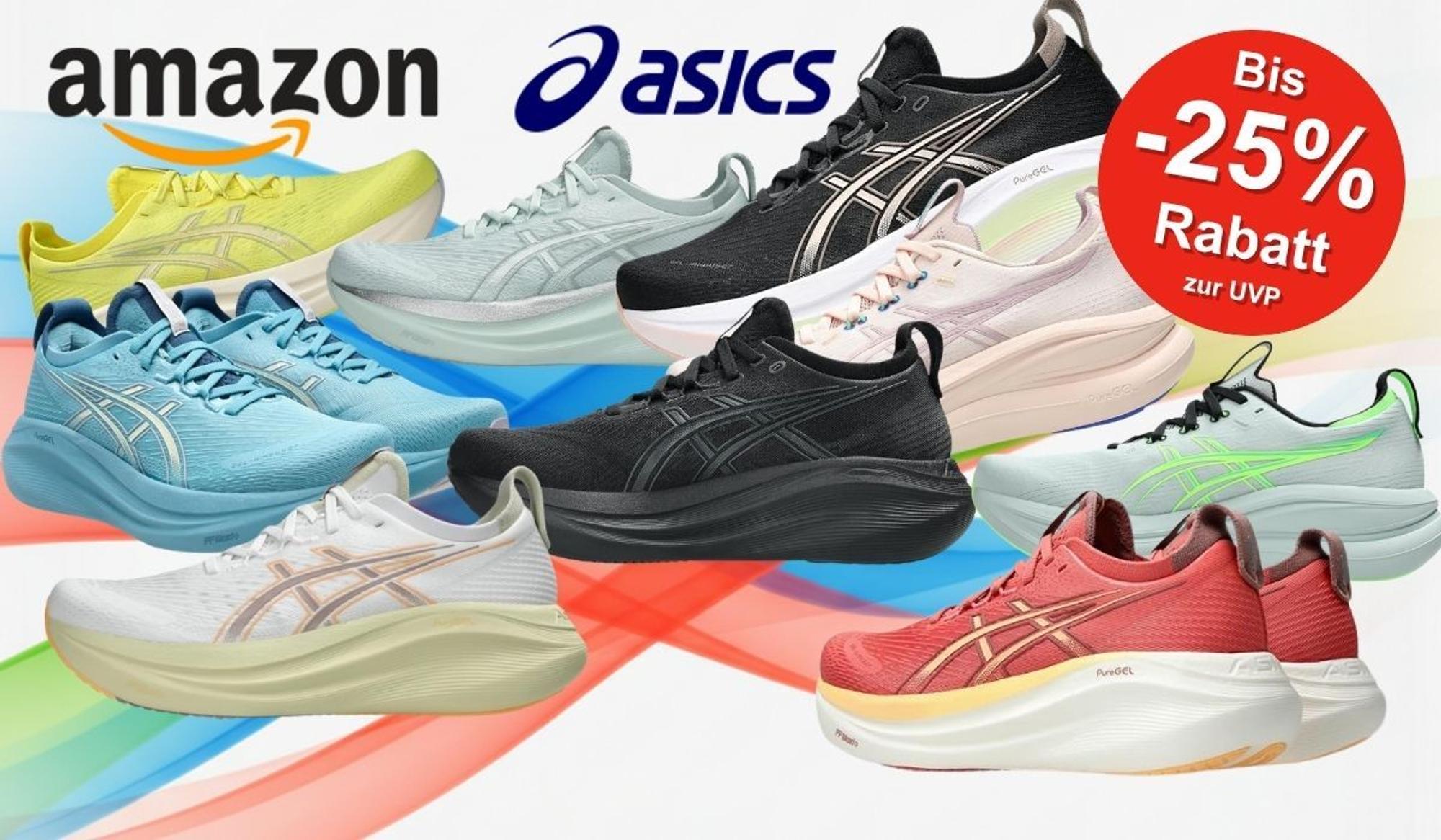Mehrere Asics Gel-Nimbus Laufschuhe in verschiedenen Farben (schwarz, weiß, blau, rot, gelb, mint) nebeneinander auf hellem Hintergrund, dazu Amazon- und Asics-Logo sowie ein roter Button mit der Aufschrift „Bis -25% Rabatt zur UVP".