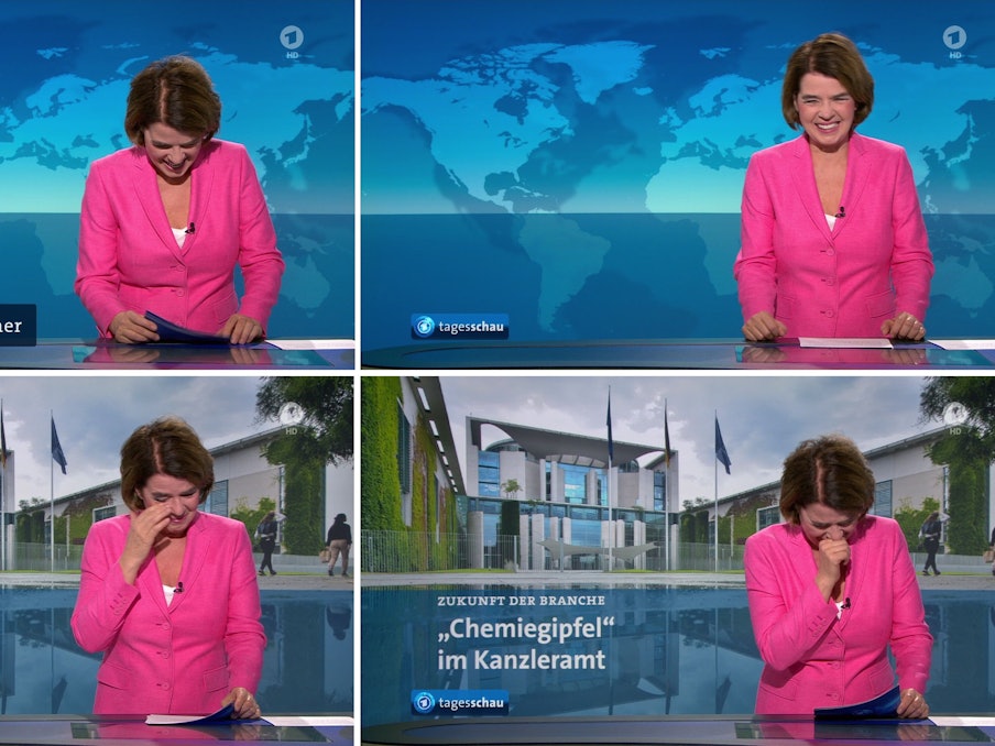 Standbilder der Ausstrahlung der „Tagesschau“ zeigen die lachende „Tagesschau“-Sprecherin Susanne Daubner. Sie ist mitten in den Morgennachrichten von einem hartnäckigen Lachanfall heimgesucht worden.