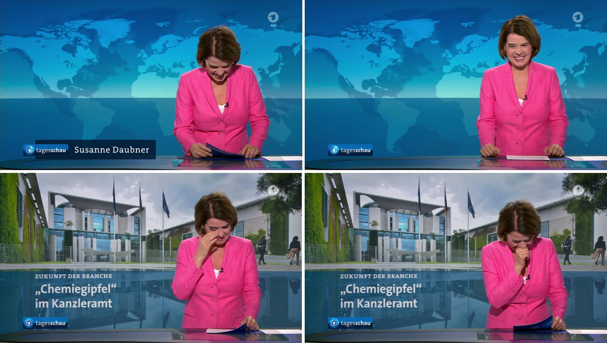Standbilder der Ausstrahlung der „Tagesschau“ zeigen die lachende „Tagesschau“-Sprecherin Susanne Daubner. Sie ist mitten in den Morgennachrichten von einem hartnäckigen Lachanfall heimgesucht worden.