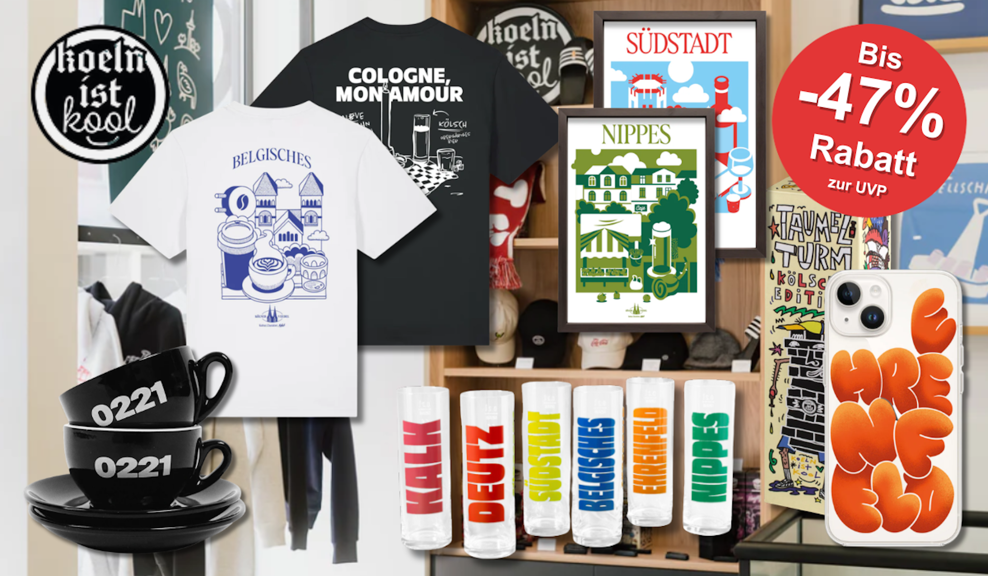 Eine Darstellung von verschiedenen KoelnIstKool Produkten.