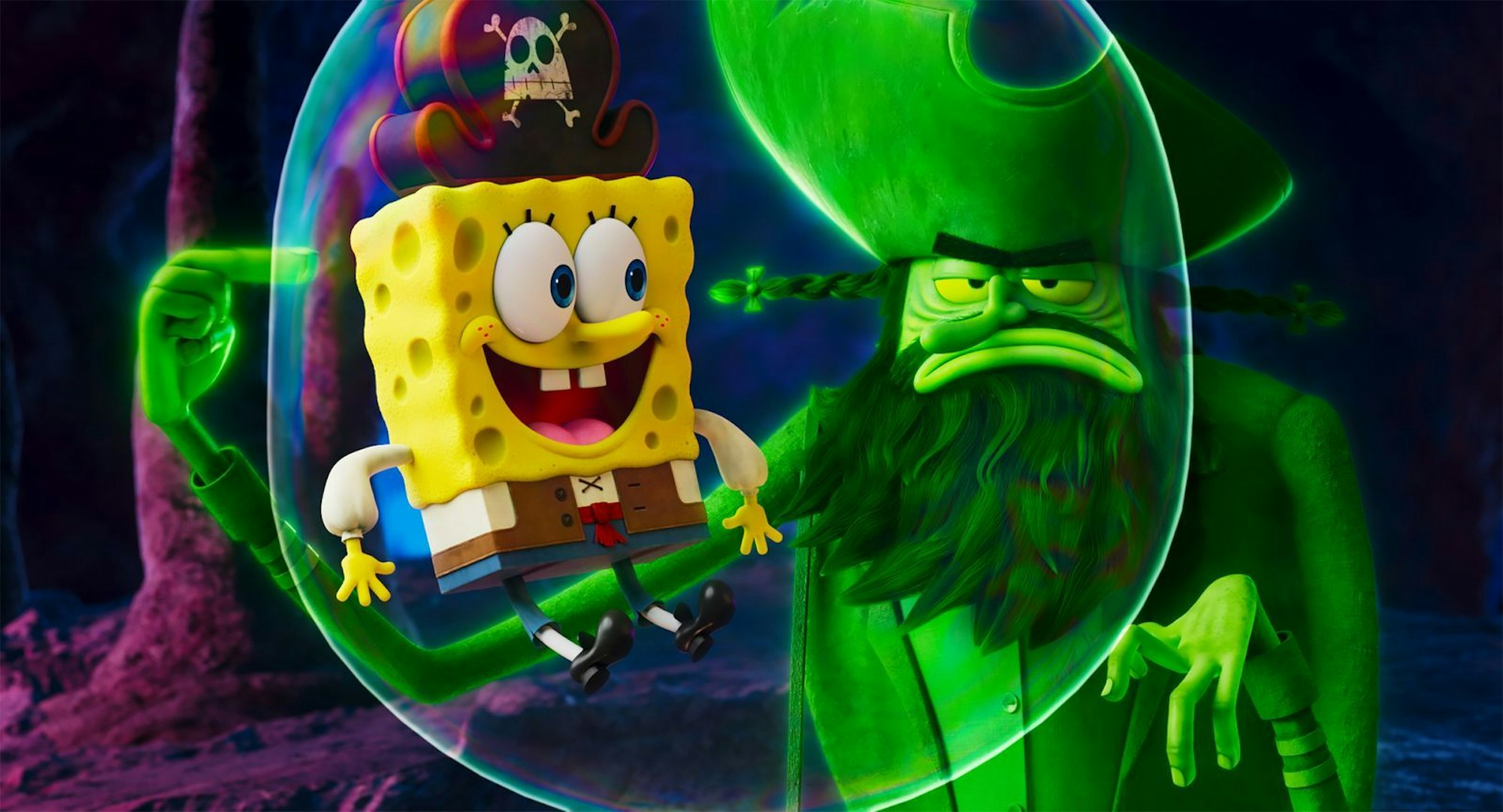 SpongeBob Schwammkopf (links) lässt sich vom verfluchten Geisterpiaten Fliegender Holländer einlullen.
(Bild: Leonine/Paramount Animation and Nickelodeon Movies/Viacom International Inc. SpongeBob SquarePants is a trademark of Viacom International Inc.)