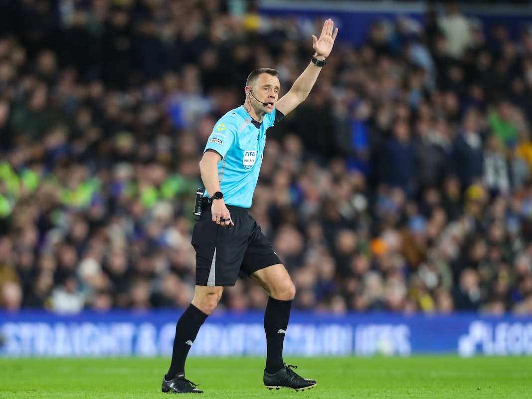 Schiedsrichter Stuart Attwell gibt Anweisungen per Handzeichen auf dem Spielfeld.