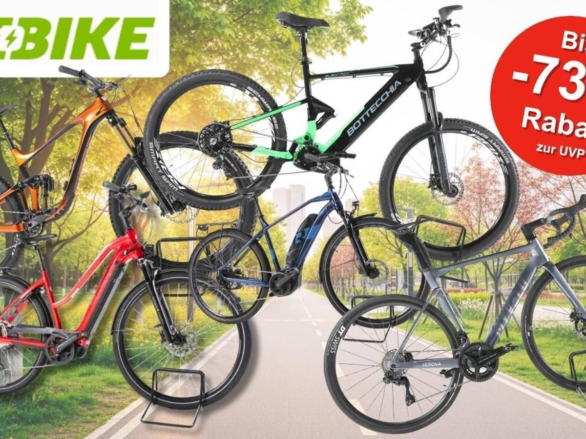 Verschiedene E-Bikes auf Fahrradständern vor einem frühlingshaften Park-Hintergrund mit blühenden Bäumen und einem Radweg: ein orangefarbenes E-Mountainbike mit Fully-Rahmen, ein schwarzes E-MTB mit grünen Akzenten der Marke Bottecchia, ein rotes E-Trekkingrad, ein blaues E-Cityrad sowie ein graues E-Rennrad. Oben links das grüne Rebike-Logo.