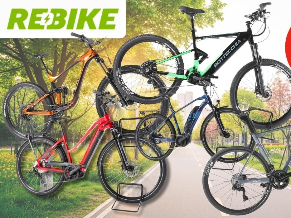 Verschiedene E-Bikes auf Fahrradständern vor einem frühlingshaften Park-Hintergrund mit blühenden Bäumen und einem Radweg: ein orangefarbenes E-Mountainbike mit Fully-Rahmen, ein schwarzes E-MTB mit grünen Akzenten der Marke Bottecchia, ein rotes E-Trekkingrad, ein blaues E-Cityrad sowie ein graues E-Rennrad. Oben links das grüne Rebike-Logo.