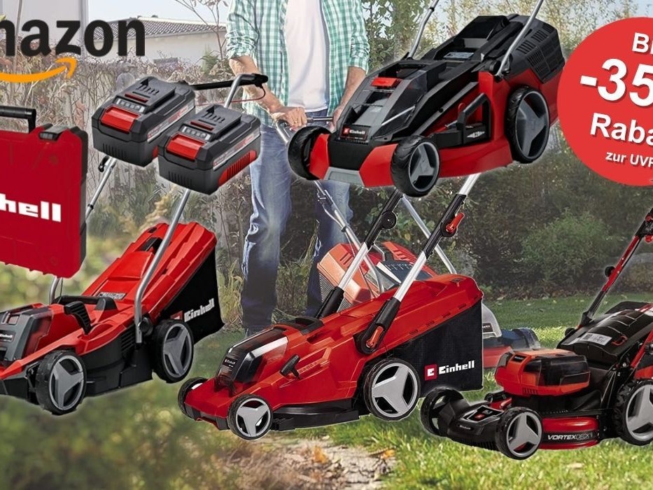 Einhell Akku Rasenmäher Modelle und Akkus vor einem Hintergrundbild von einem Mann mit Einhell Rasenmäher.