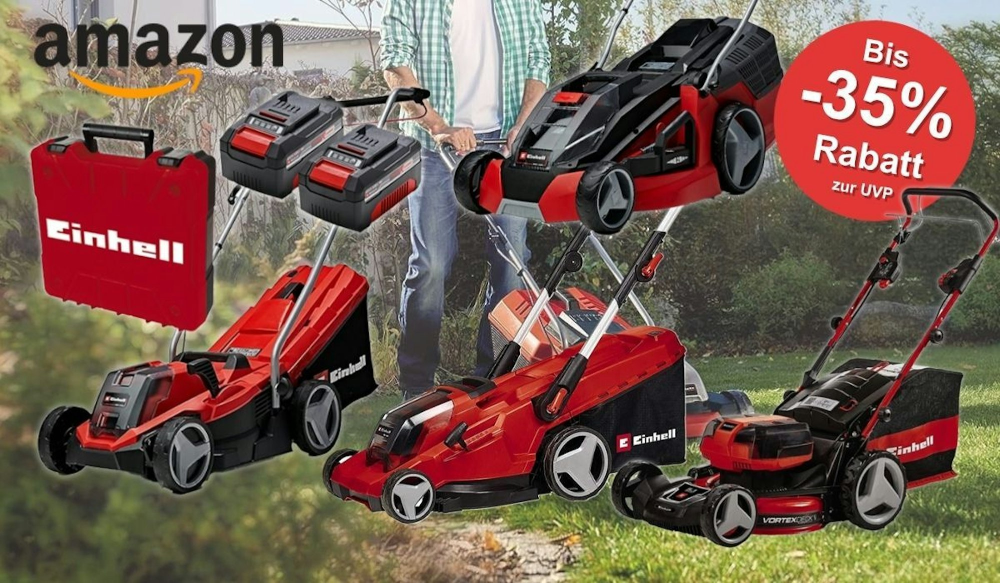 Einhell Akku Rasenmäher Modelle und Akkus vor einem Hintergrundbild von einem Mann mit Einhell Rasenmäher.