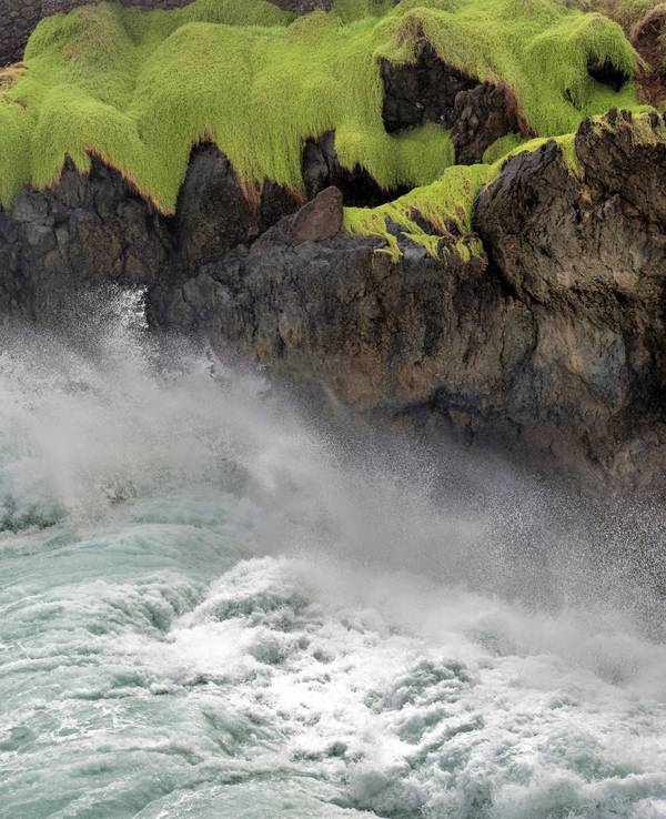 Hohe Wellen schlagen an die Felsen von Porto Moniz auf Madeira.