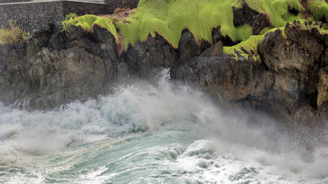 Hohe Wellen schlagen an die Felsen von Porto Moniz auf Madeira.
