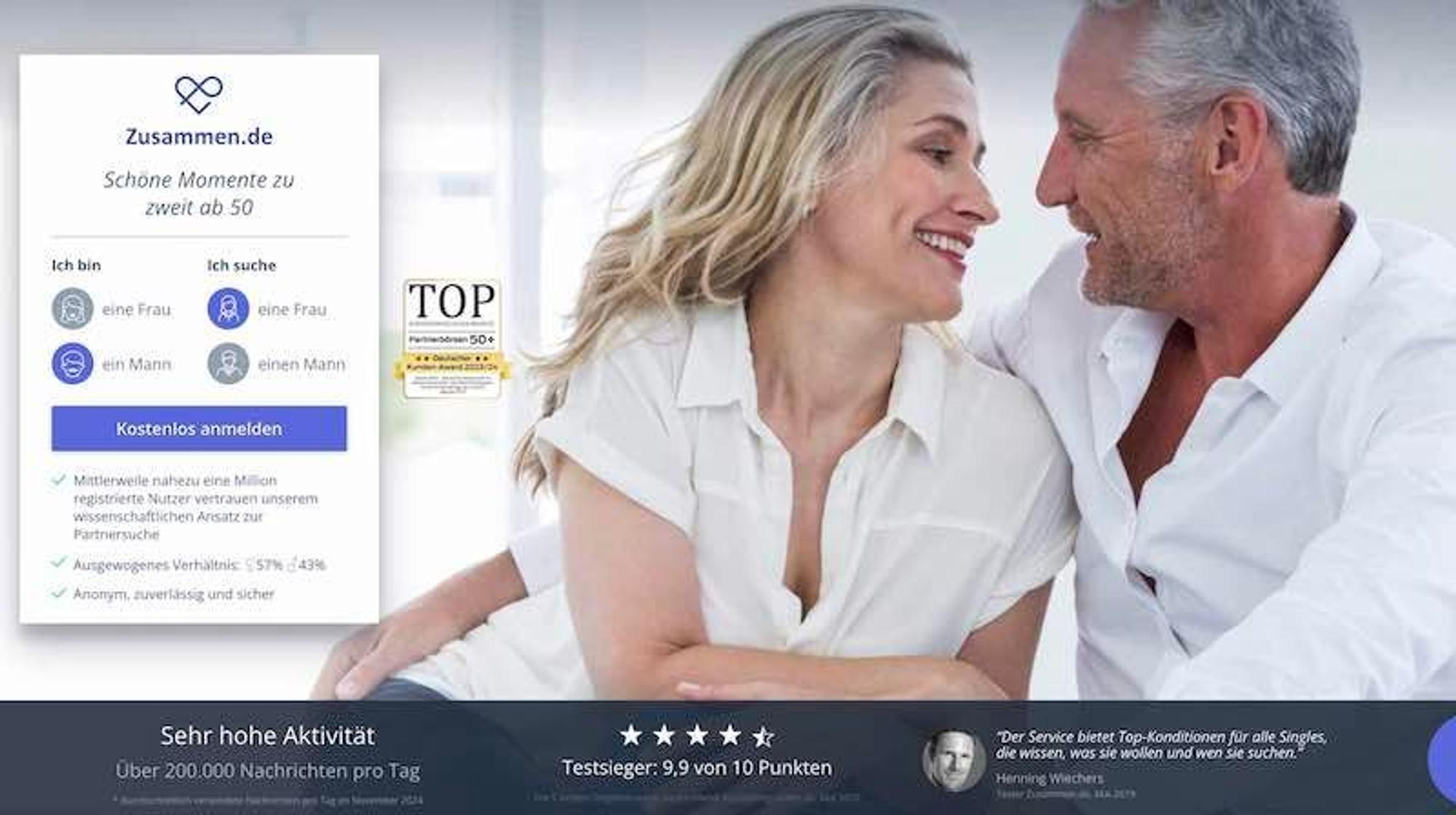 Mann und Frau schauen sich in die Augen. Screenshot der Homepage von Zusammen.de