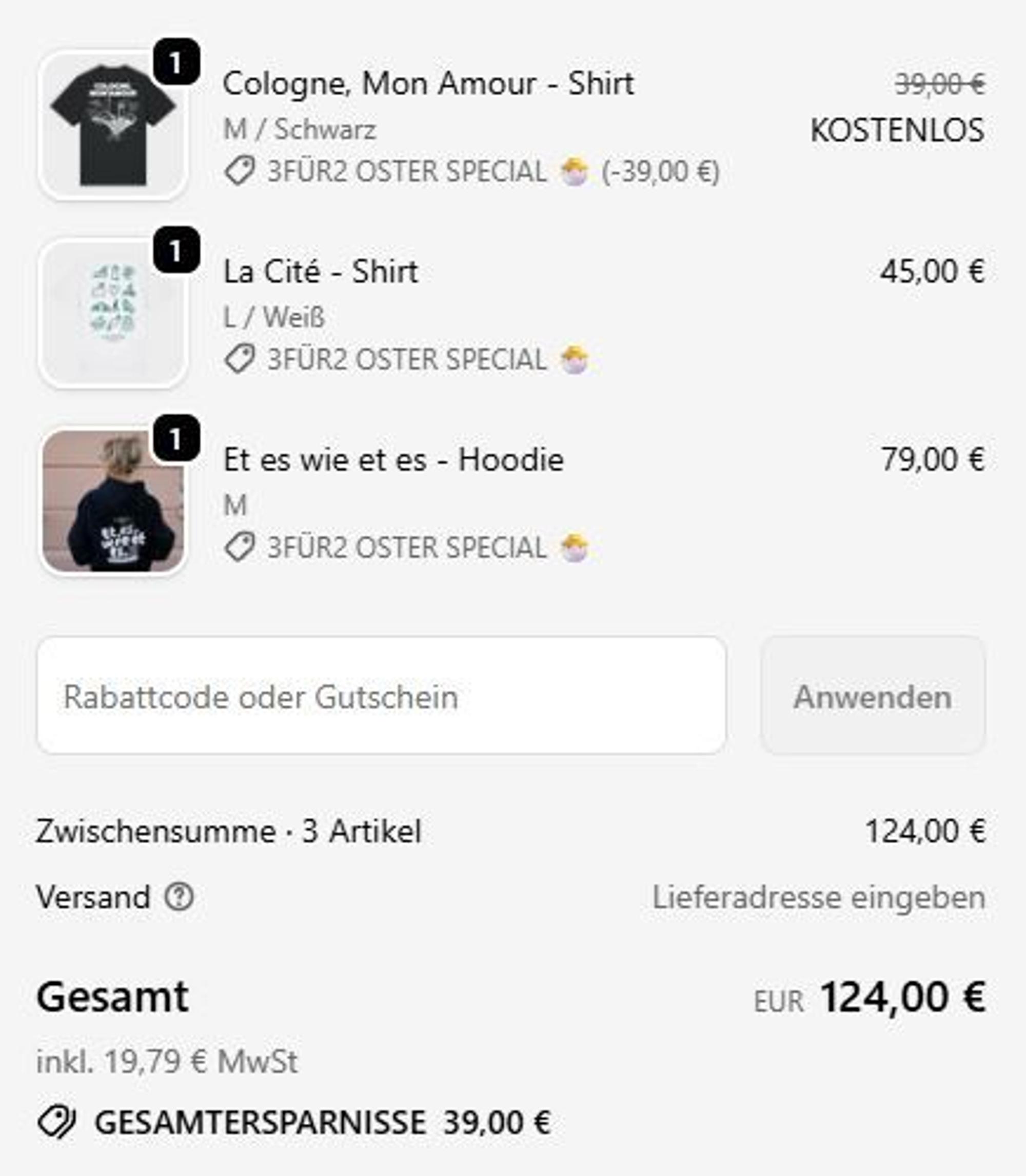 Screenshot aus dem Warenkorb auf koelnistkool.de mit 3 Produkten zum Oster-Sale.
