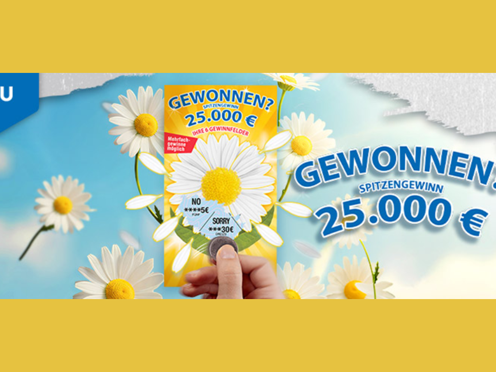 Das Bild zeigt das neue Rubbellos „Gewonnen?" von WestLotto. Zu sehen ist eine Margeriten-Blüte und der Schriftzug „Gewonnen? Spitzengewinn 25.000€".