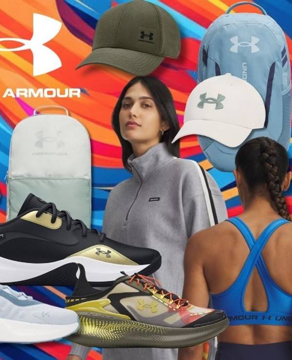 Under Armour Sportmode wie Caps, Rucksäcke, Oberteile, Sport BHs, Jogginghose & Sneaker, die es aktuell reduziert im Under Armour Sale gibt vor einem bunten farbenfrohen Hintergrund.
