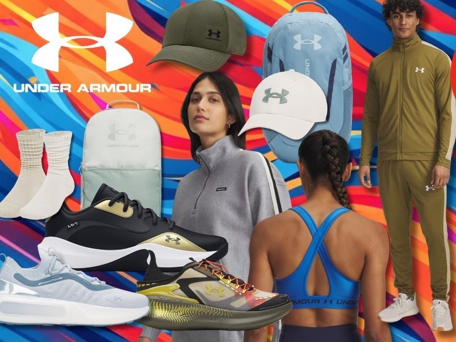 Under Armour Sportmode wie Caps, Rucksäcke, Oberteile, Sport BHs, Jogginghose & Sneaker, die es aktuell reduziert im Under Armour Sale gibt vor einem bunten farbenfrohen Hintergrund.