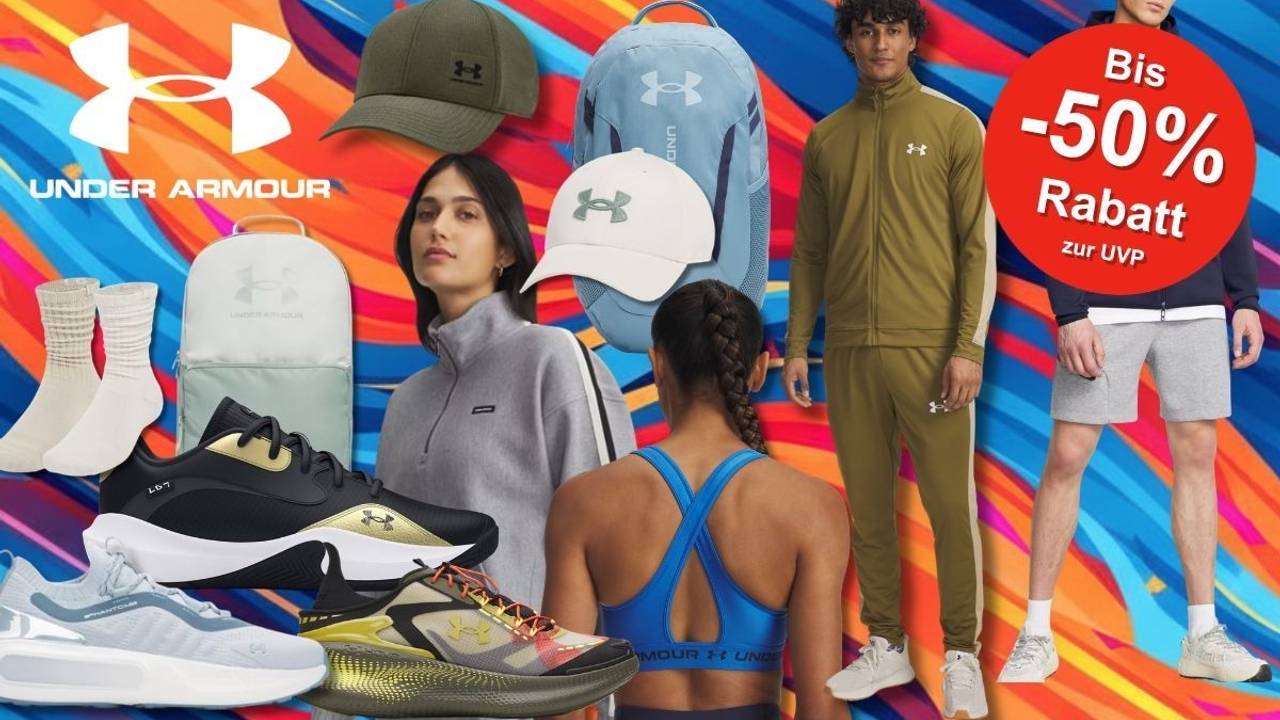 Under Armour Sportmode wie Caps, Rucksäcke, Oberteile, Sport BHs, Jogginghose & Sneaker, die es aktuell reduziert im Under Armour Sale gibt vor einem bunten farbenfrohen Hintergrund.