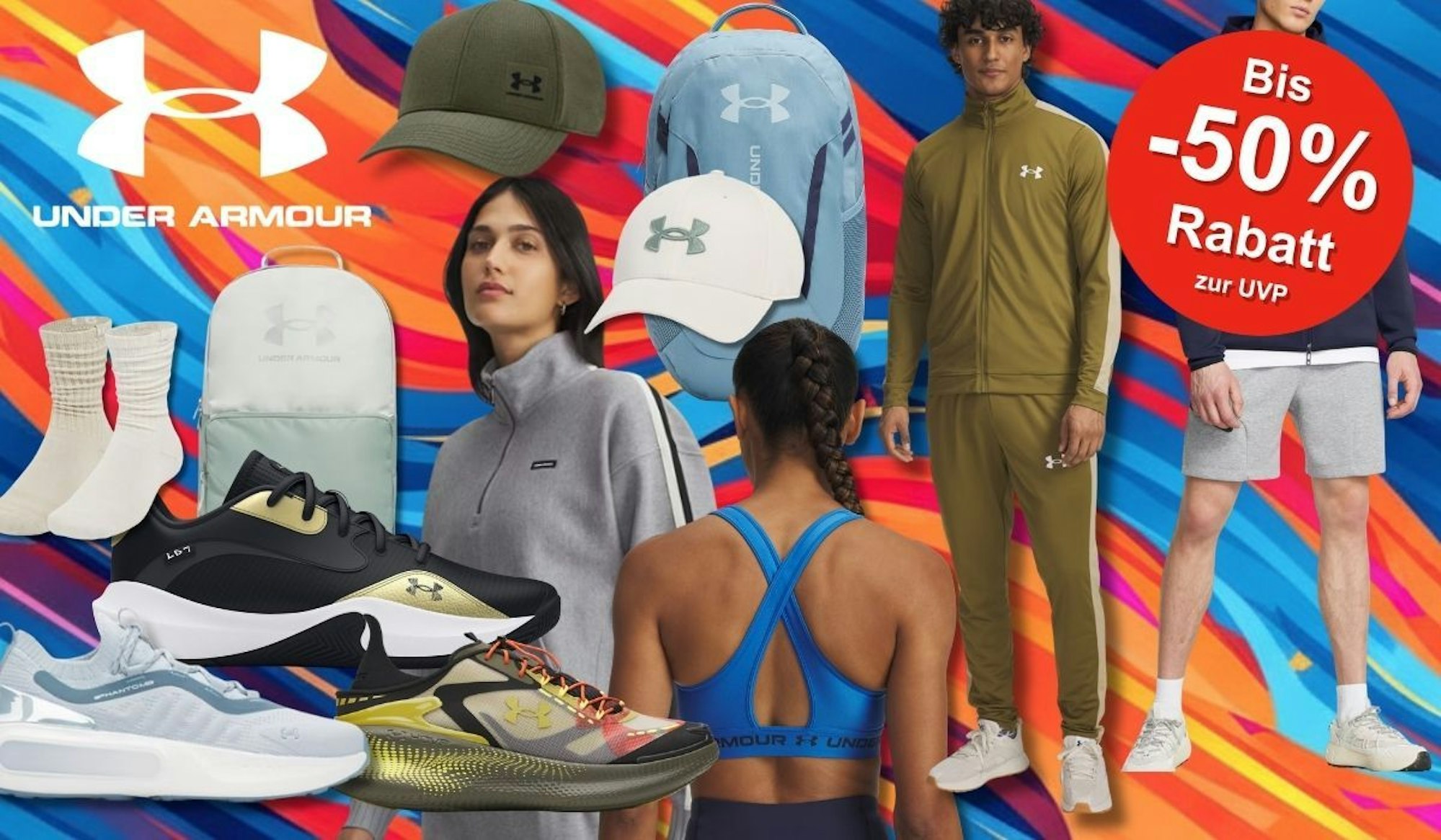 Under Armour Sportmode wie Caps, Rucksäcke, Oberteile, Sport BHs, Jogginghose & Sneaker, die es aktuell reduziert im Under Armour Sale gibt vor einem bunten farbenfrohen Hintergrund.