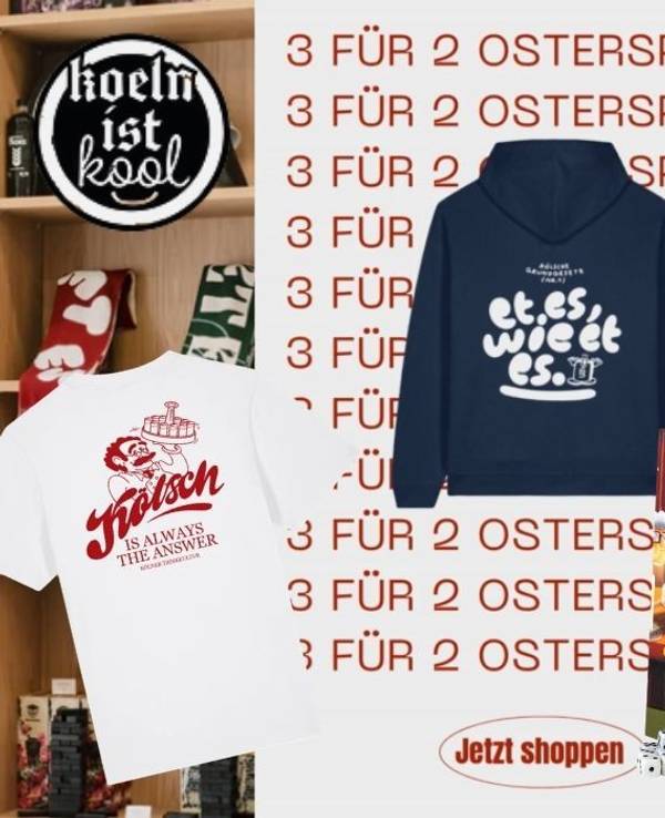 Oster Special Grafiken zur Aktion bei KoelnIstKool mit Produkten wie Hoodie und Shirt aus der Spar-Aktion.