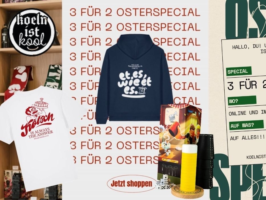 Oster Special Grafiken zur Aktion bei KoelnIstKool mit Produkten wie Hoodie und Shirt aus der Spar-Aktion.