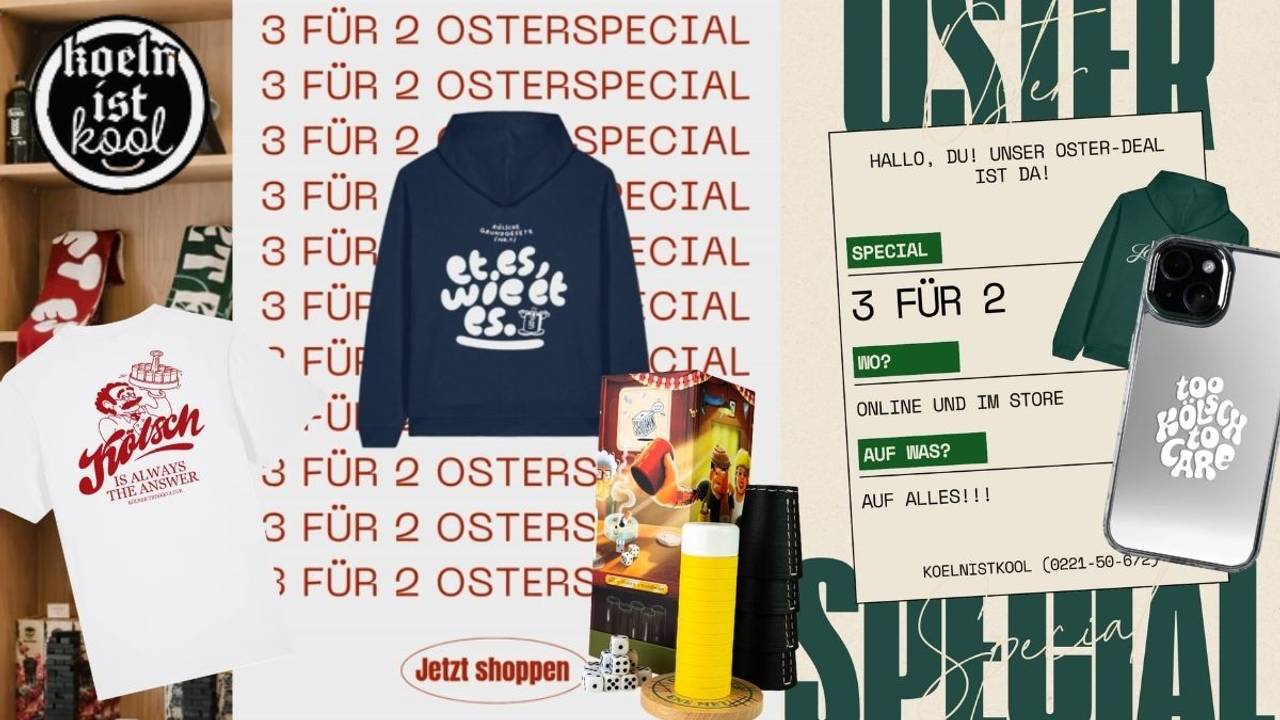 Oster Special Grafiken zur Aktion bei KoelnIstKool mit Produkten wie Hoodie und Shirt aus der Spar-Aktion.