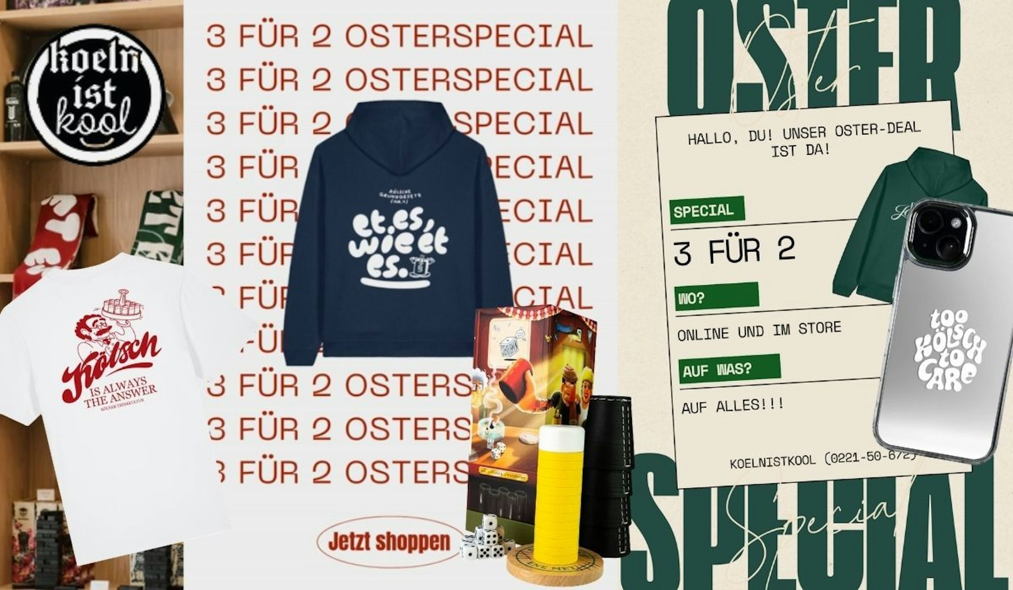 Oster Special Grafiken zur Aktion bei KoelnIstKool mit Produkten wie Hoodie und Shirt aus der Spar-Aktion.