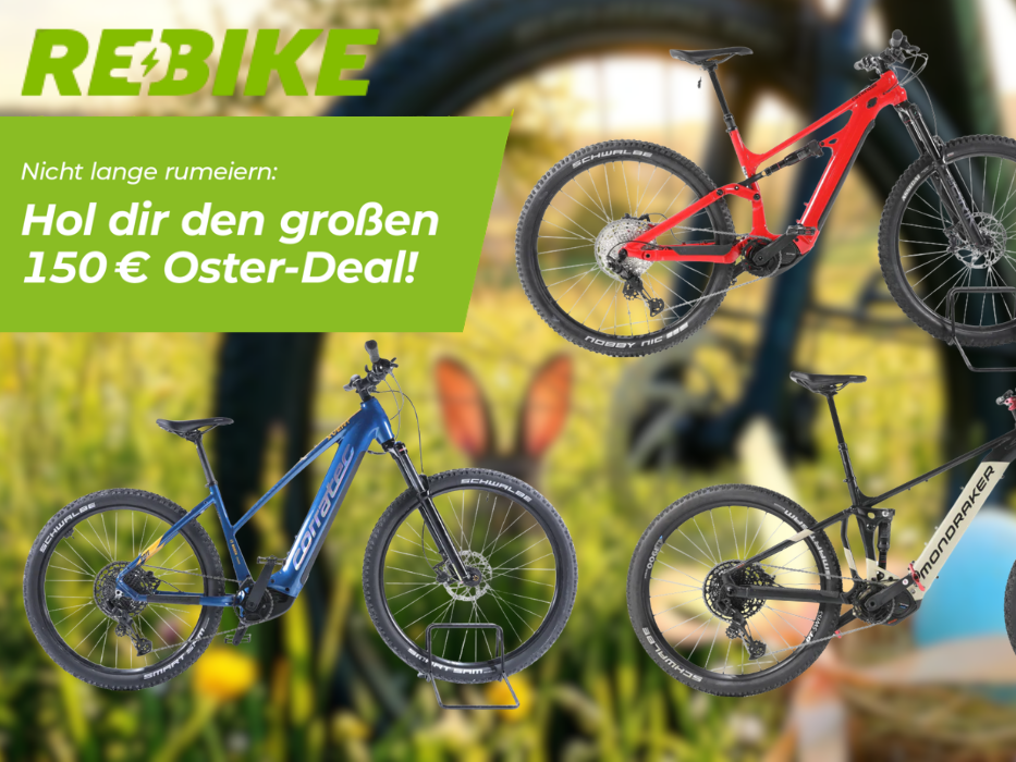 Verschiedene E-Bikes vor einem Hintergrund mit einer grünen Wiese, einem Fahrrad und einem Hasen im Gras.
