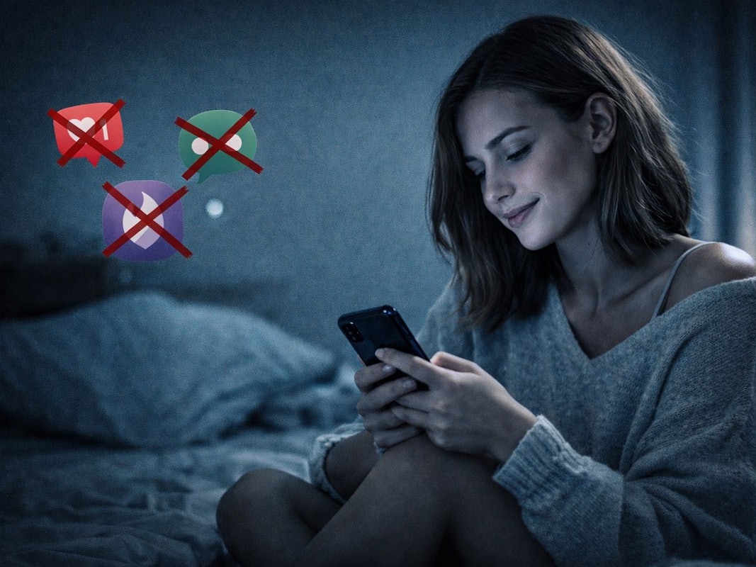 Junge Frau sitzt auf dem Bett und schaut auf ihr Smartphone.