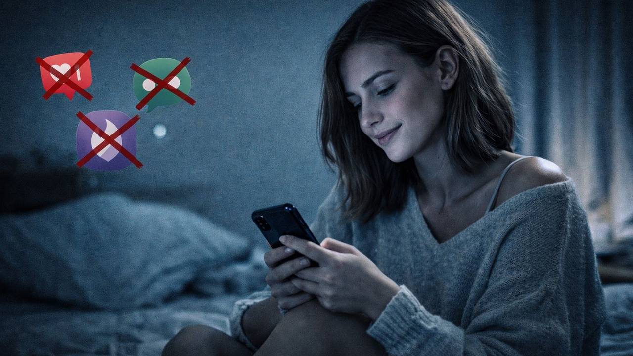 Junge Frau sitzt auf dem Bett und schaut auf ihr Smartphone.