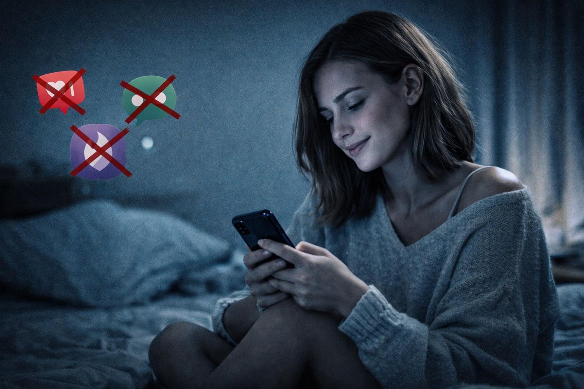 Junge Frau sitzt auf dem Bett und schaut auf ihr Smartphone.
