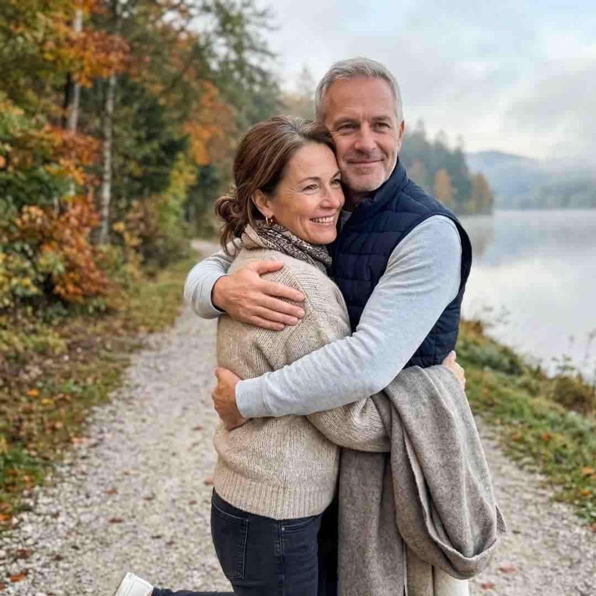 Mann und Frau stehen umarmend an einem See am Waldrand.