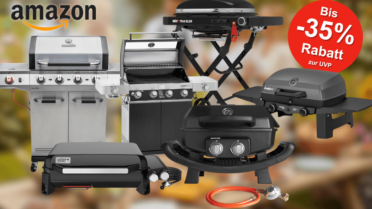 Gasgrills verschiedener Hersteller vor einem Gartenhintergrund.