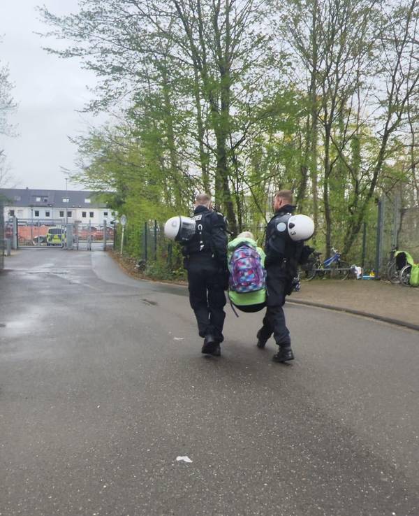 Zwei Polizisten tragen eine Person weg.