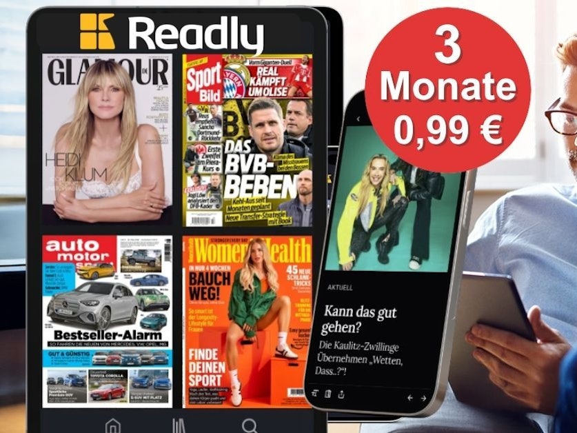 Readly App. Links ein Tablet mit vier Zeitschriften-Covern: Glamour mit Heidi Klum, Sport Bild zum BVB, Auto Motor Sport und Women's Health. Daneben ein Smartphone mit aktuellem Artikel. Rechts ein Mann mit Brille liest auf einem Tablet. Oben das Readly-Logo, rechts ein roter Badge „3 Monate 0,99 €".