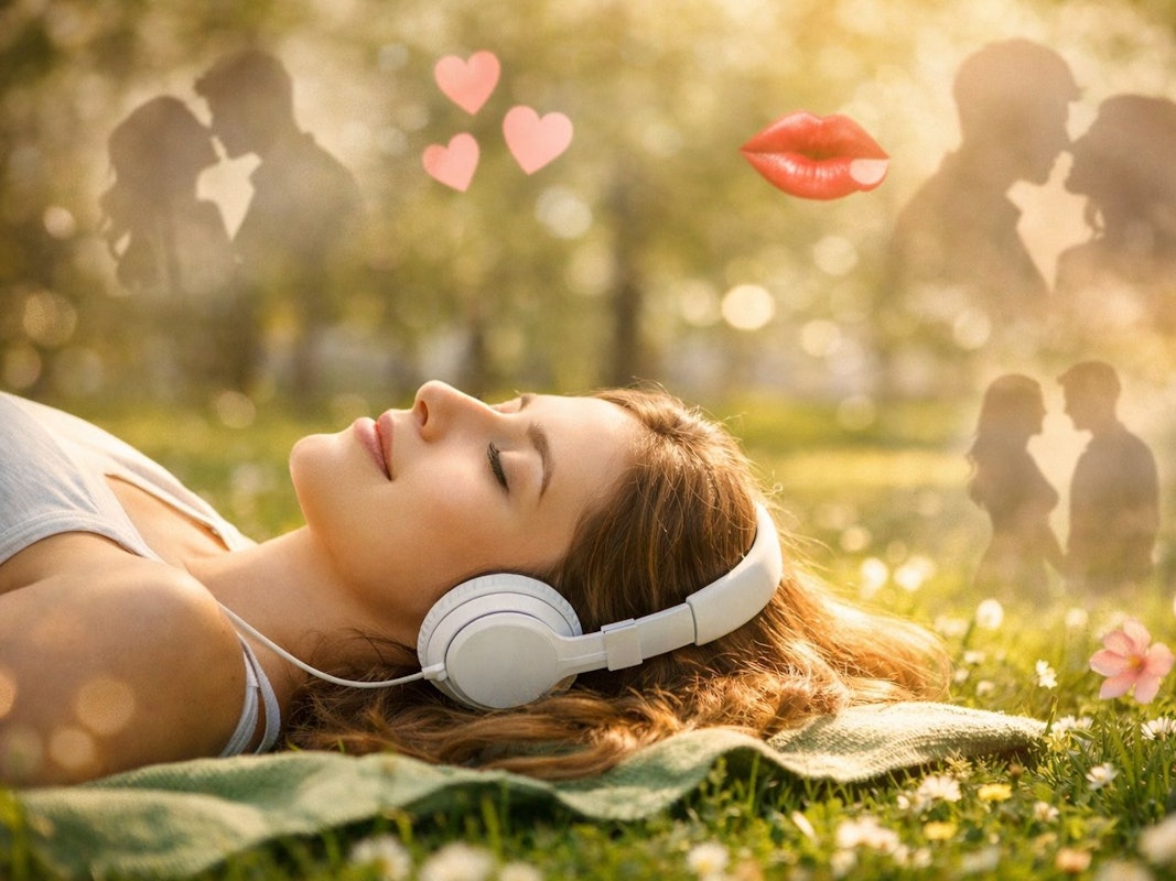 Junge Frau liegt im Gras mit geschlossenen Augen und trägt Kopfhörer.