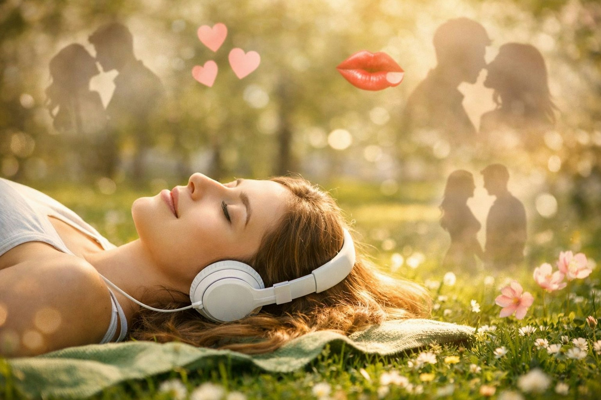 Junge Frau liegt im Gras mit geschlossenen Augen und trägt Kopfhörer.