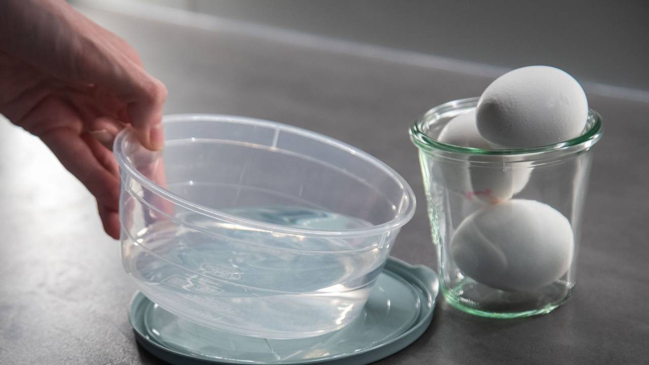 Eier liegen neben einer Schale Wasser
