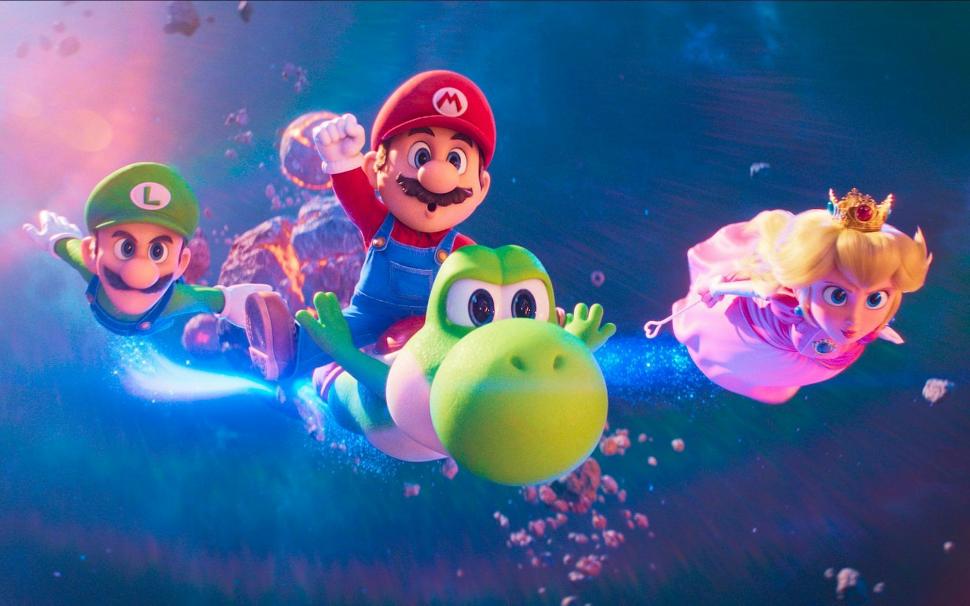 Auf Yoshi saust Mario (Mitte) mit seinem Bruder Luigi und Prinzessin Peach durch Raum und Zeit. (Bild: Nintendo/Universal Studios)