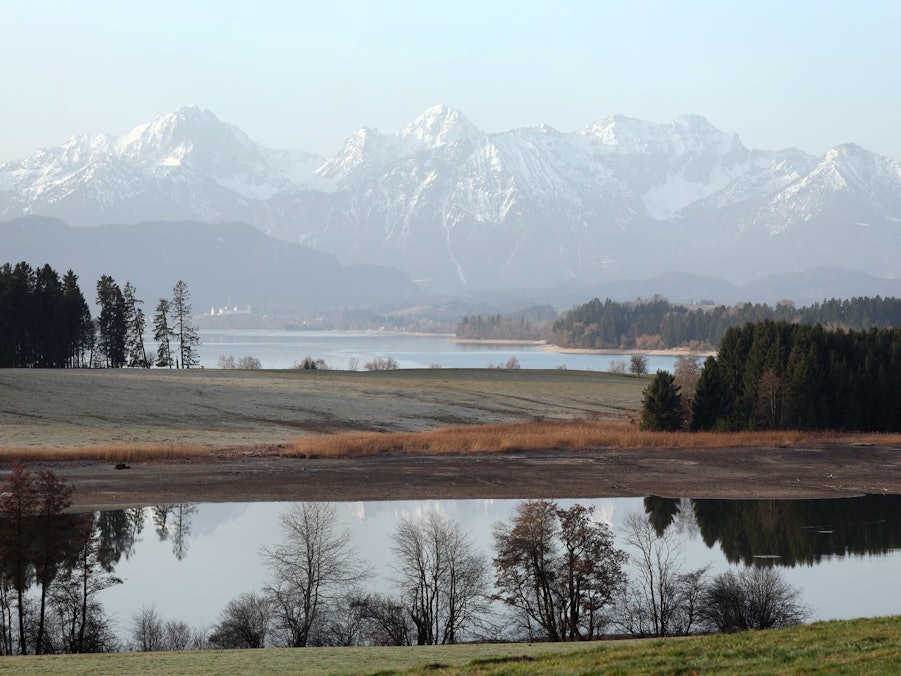 Blick auf das Alpenpanorama und den Forggensee