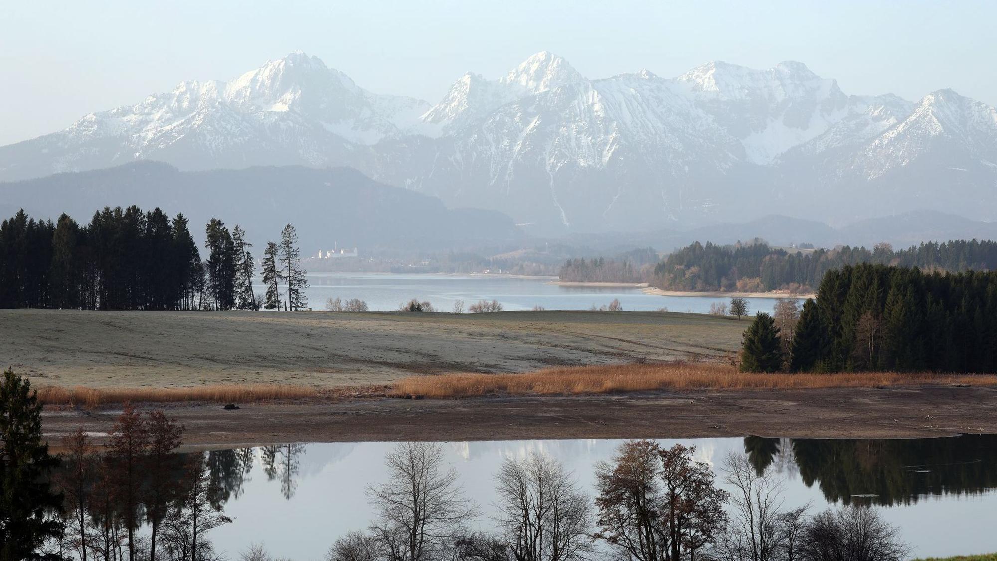 Blick auf das Alpenpanorama und den Forggensee