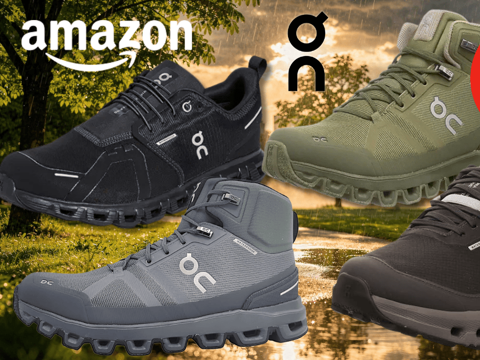 Wasserdichten Modelle der On Sneaker vor einer verregneten Landschaft mit Pfützen.