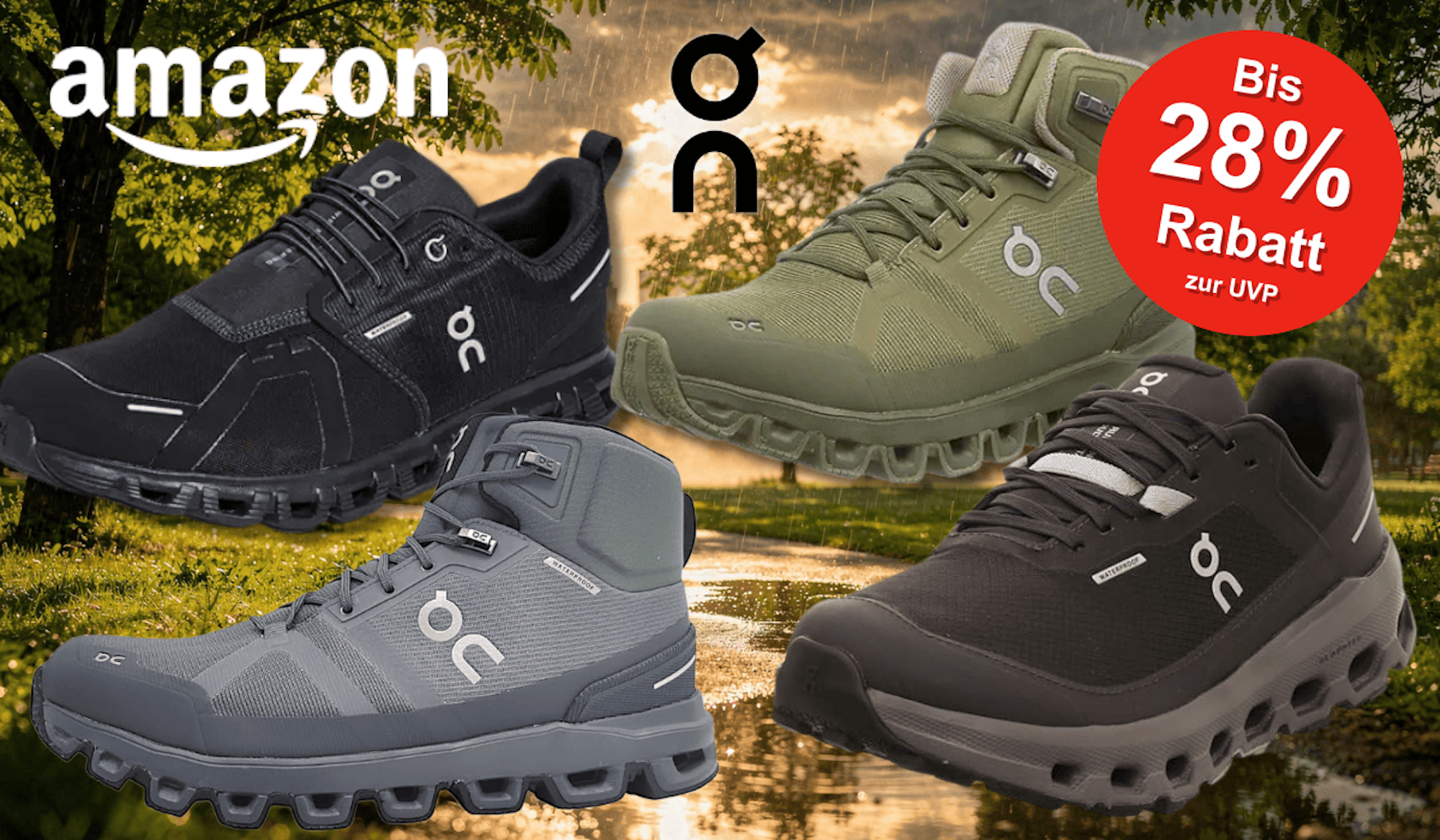 Wasserdichten Modelle der On Sneaker vor einer verregneten Landschaft mit Pfützen.