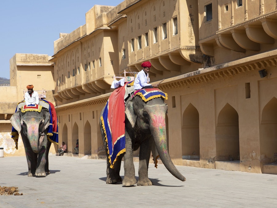 Indische Mahuts auf bemalten Elefanten vor Gebäude